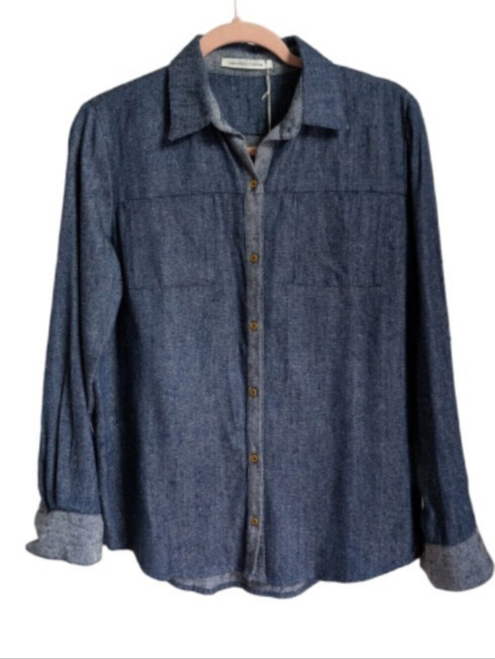 CHARLOTTE SOMETIME Minimalist Raw Silk Blue Chambray Button-Up Shirt Large NWT
